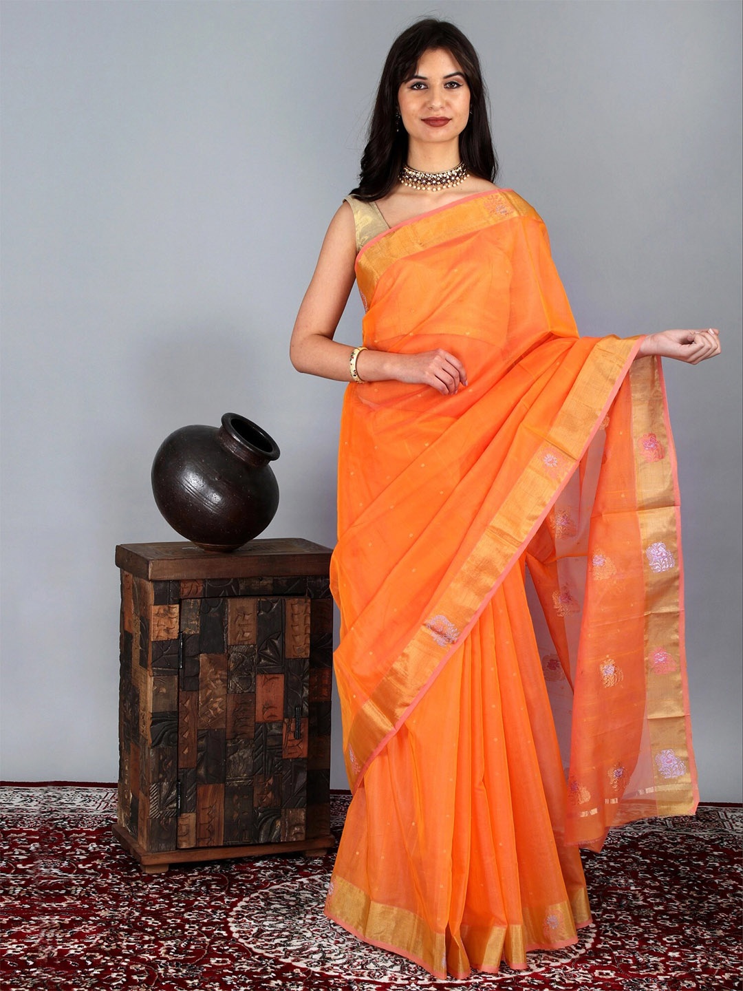 

Exotic India Autumn Sunset Ethnic Motifs Zari Chanderi Art Silk Saree With Buttis, Orange