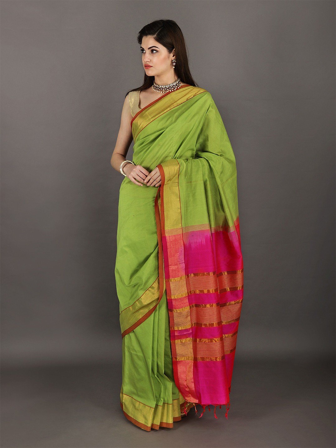 

Exotic India Zari Silk Cotton Saree, Green