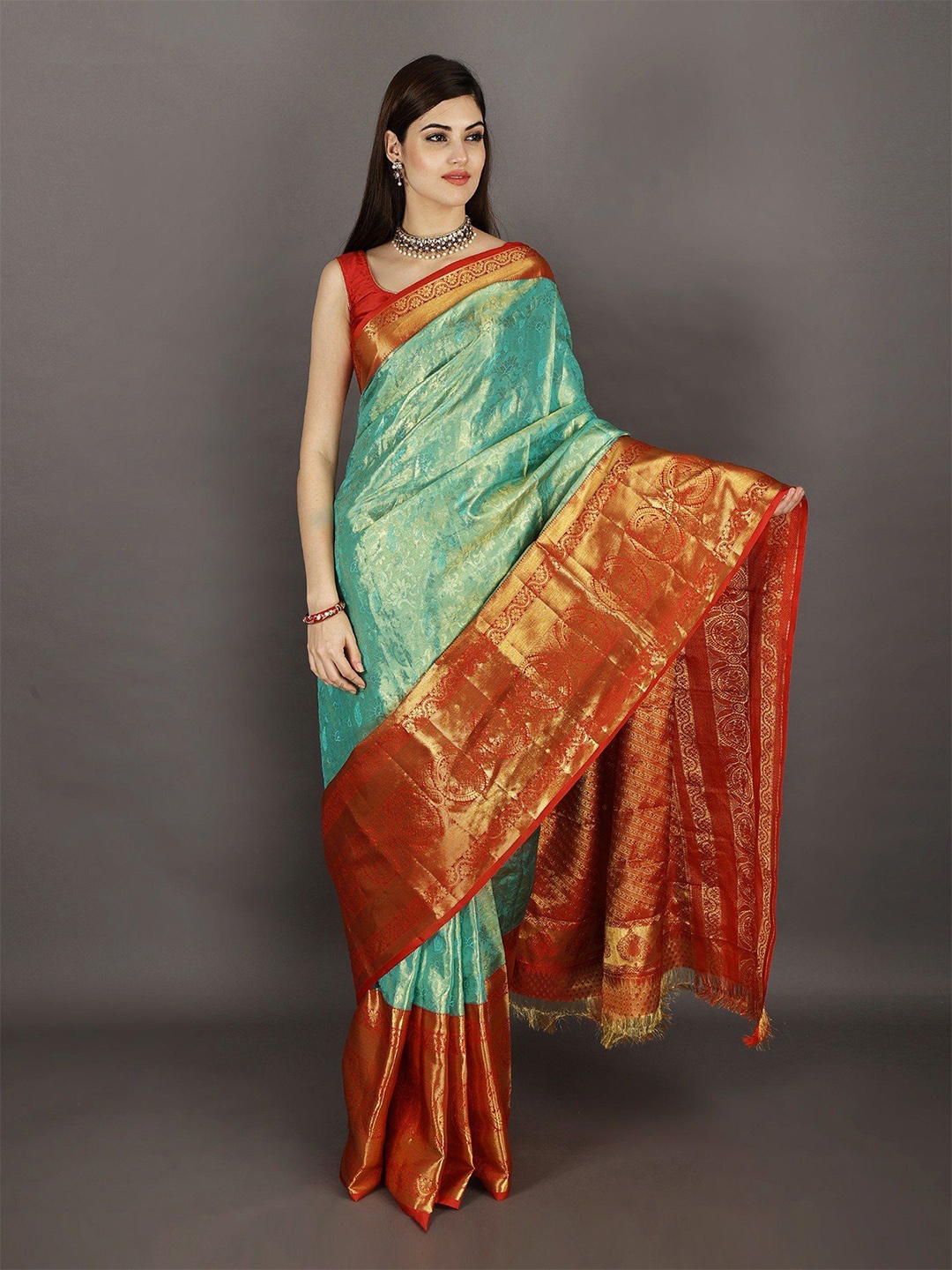 

Exotic India Woven Design Zari Pure Silk Kanjeevaram Saree With Blouse Piece, Green