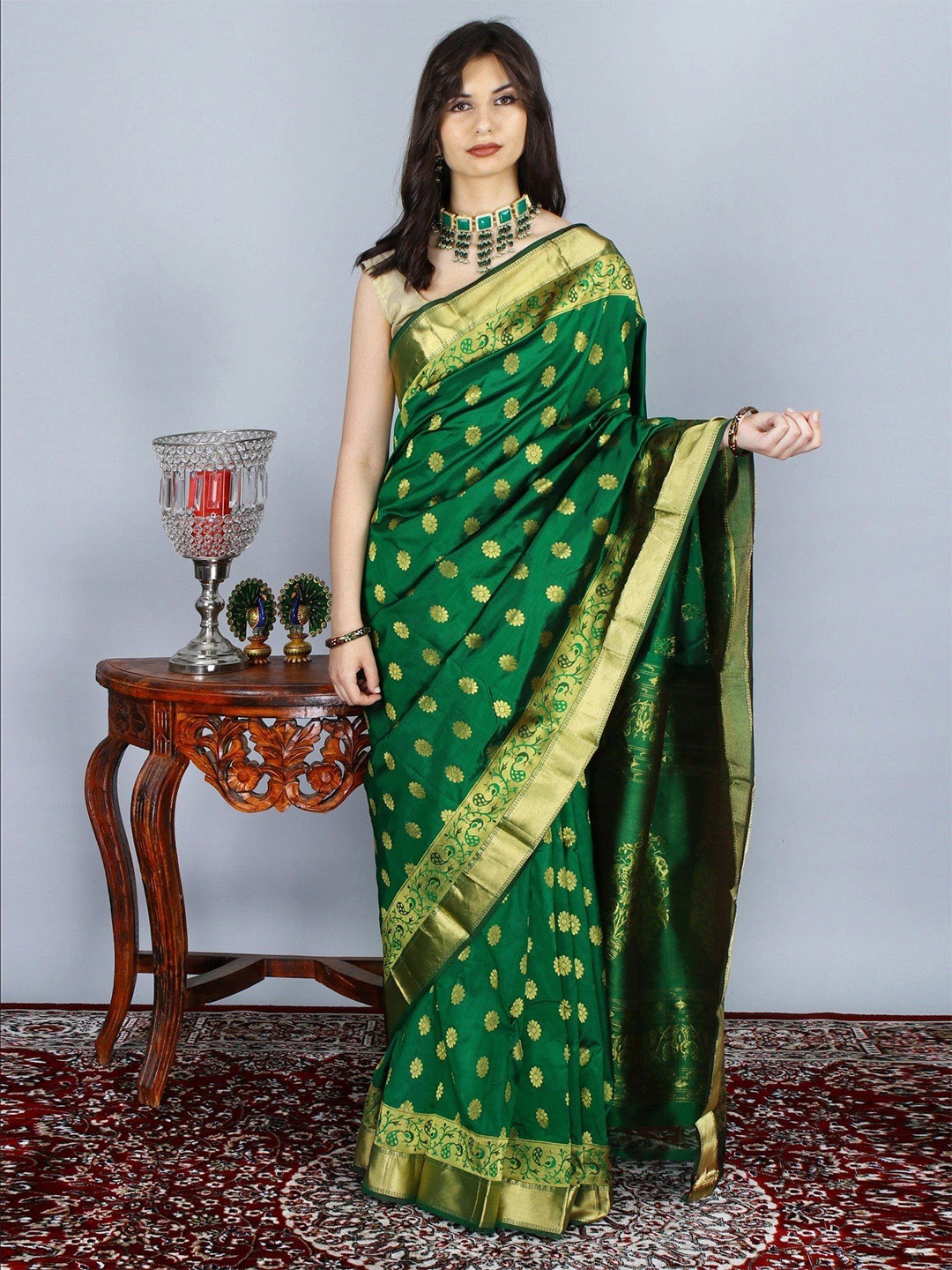 

Exotic India Ethnic Motifs Zari Art Silk Uppada Saree, Green
