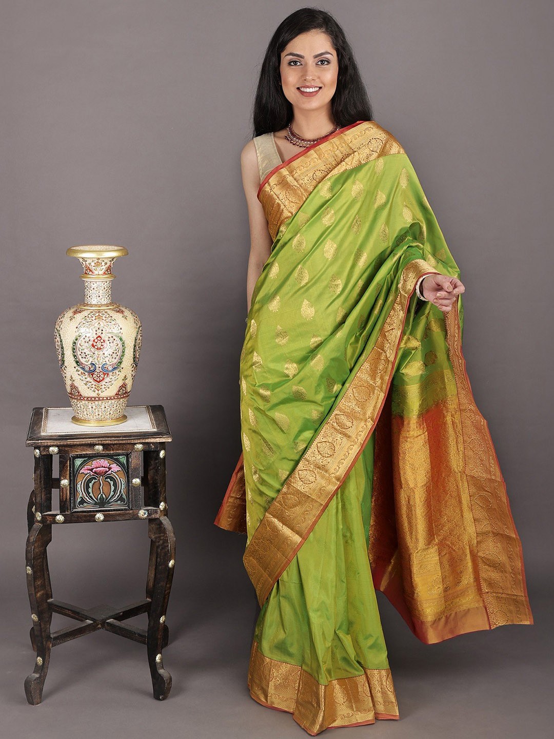 

Exotic India Ethnic Motifs Zari Pure Silk Saree, Green