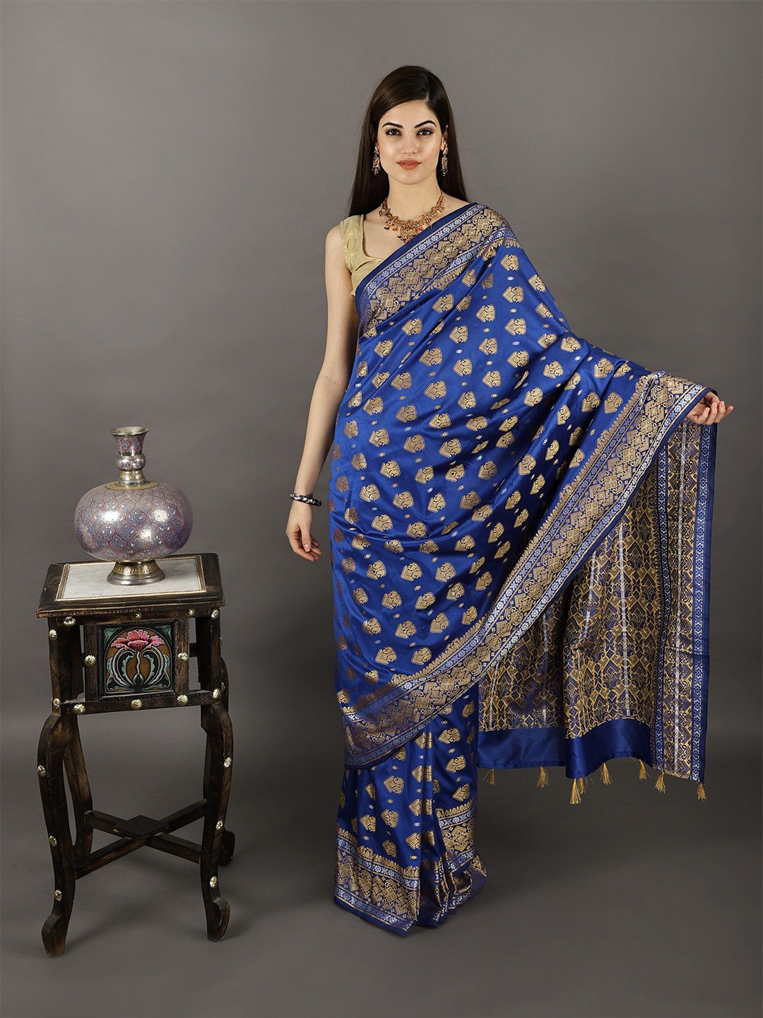 

Exotic India Women Ethnic Motifs Zari Art Silk Festive Saree, Blue