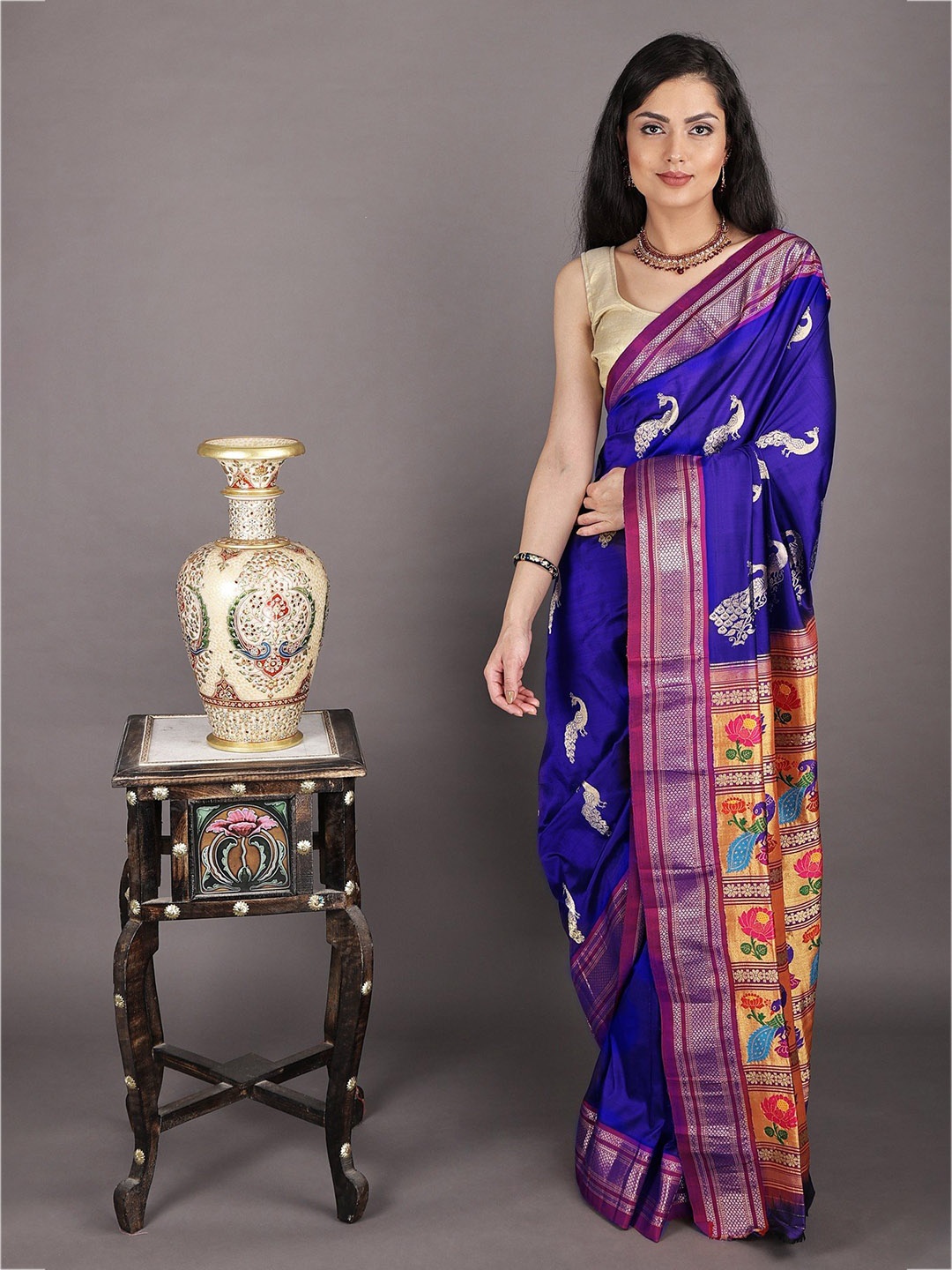 

Exotic India Women Ethnic Motifs Zari Pure Silk Paithani Saree, Blue