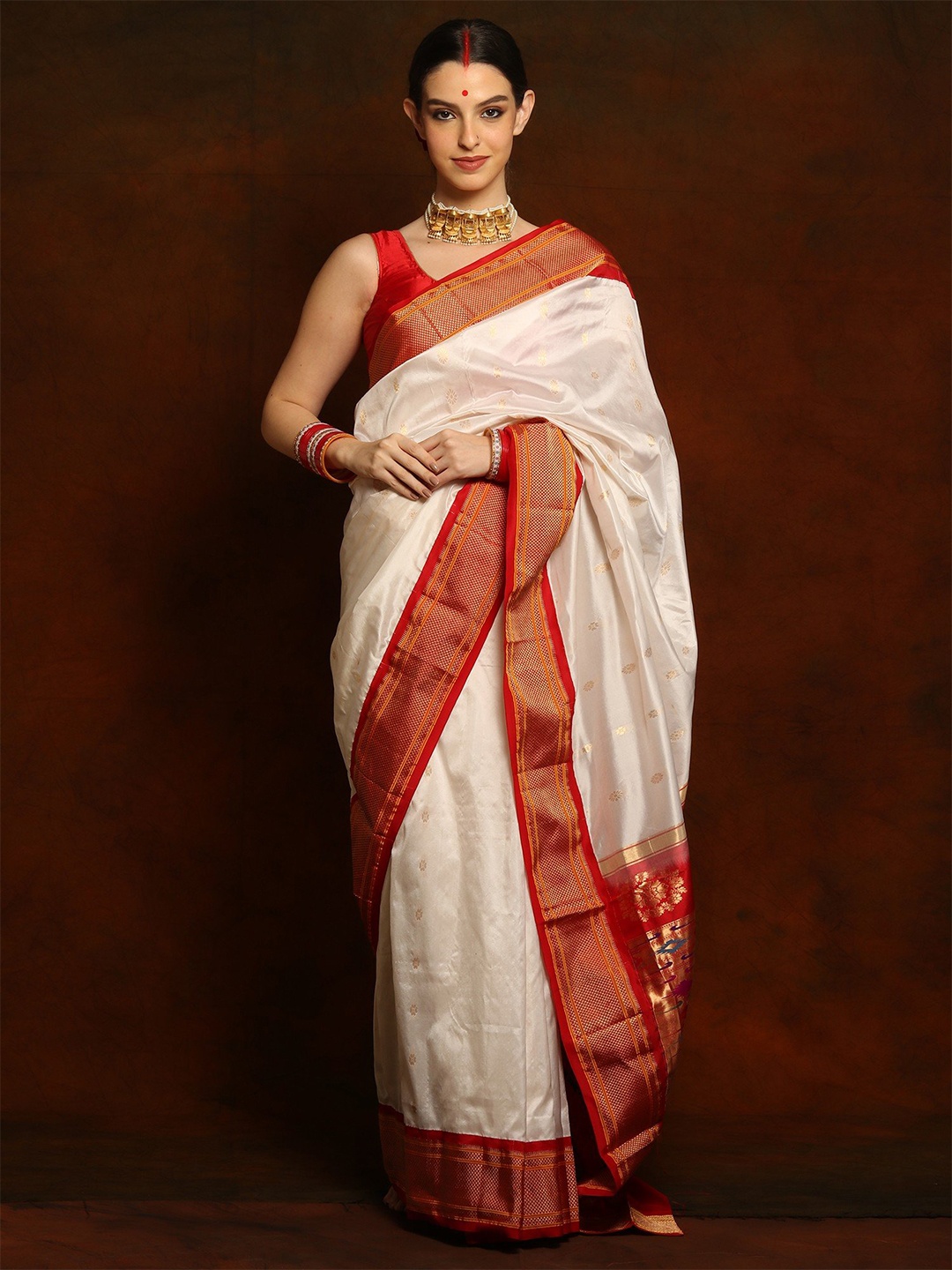 

Exotic India Ethnic Motifs Zari Pure Silk Paithani Saree, White