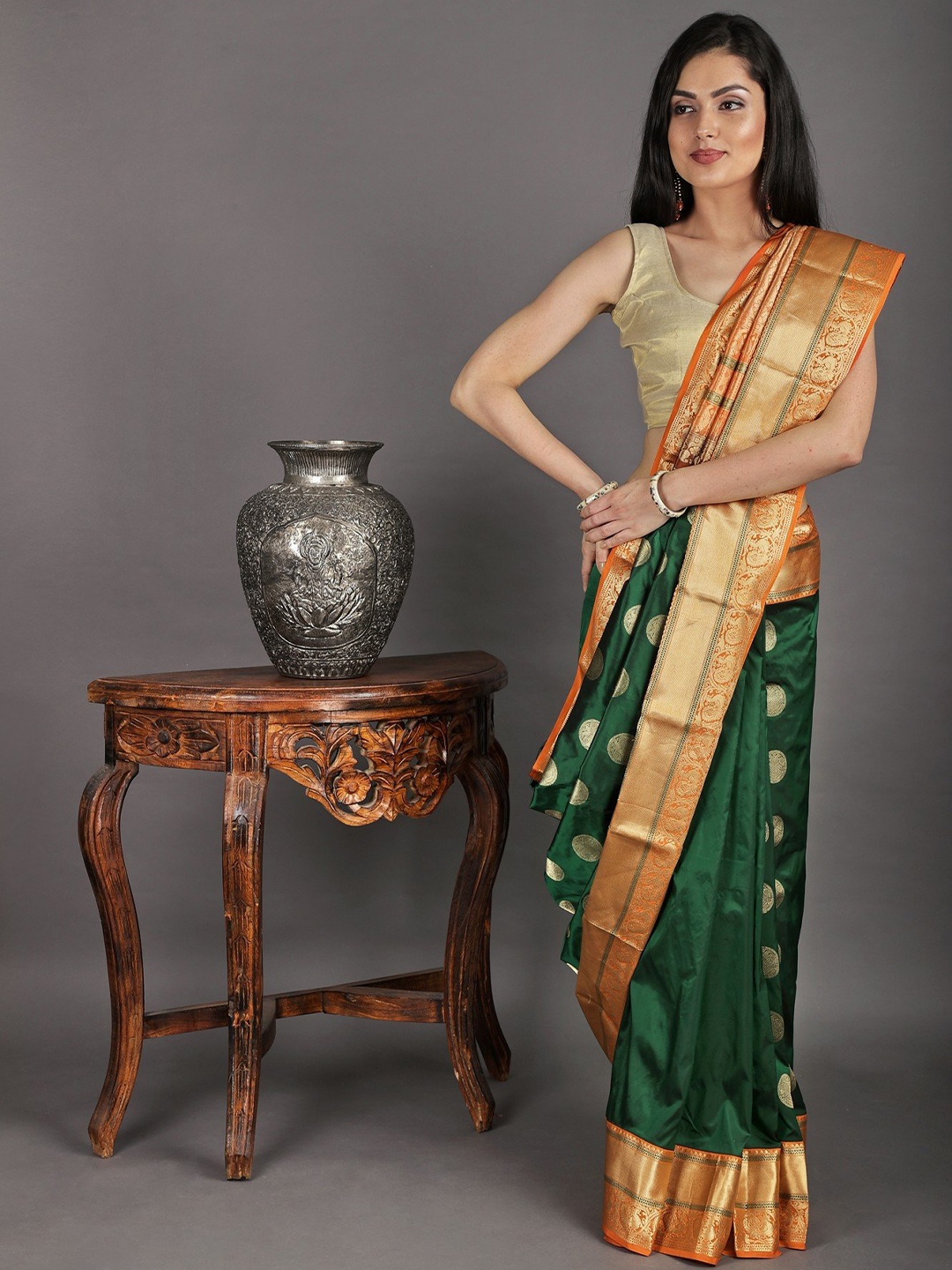 Exotic India Women Woven Design Zari Pure Silk Uppada Saree, Green