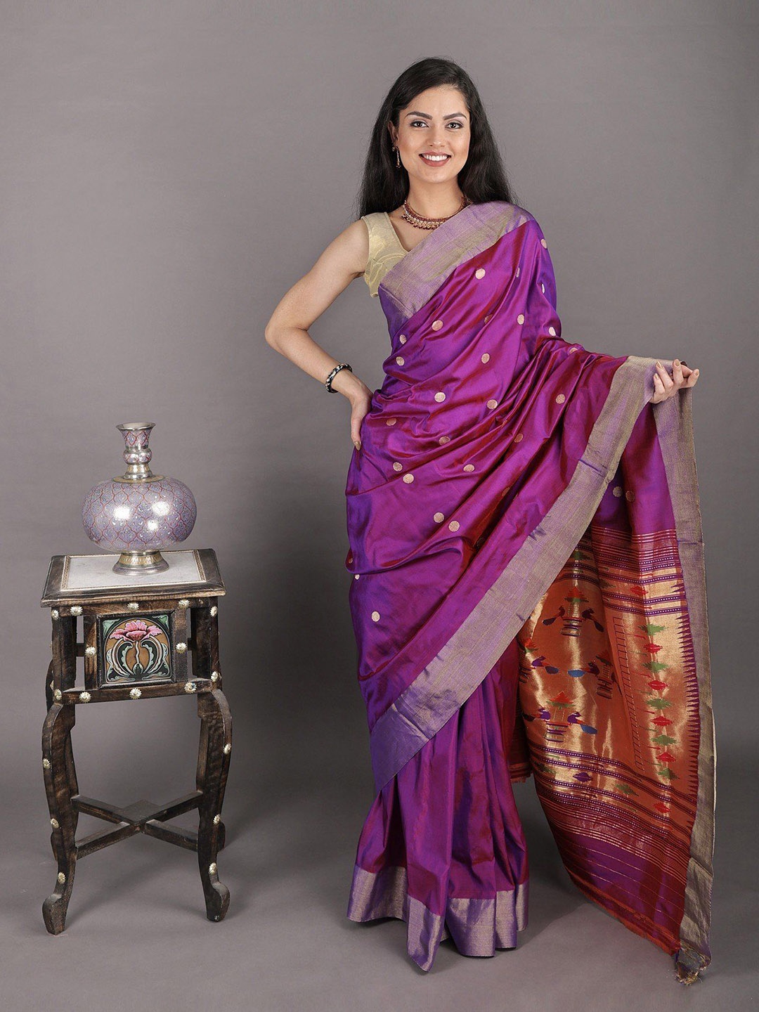 

Exotic India Ethnic Motifs Zari Pure Silk Paithani Saree, Purple