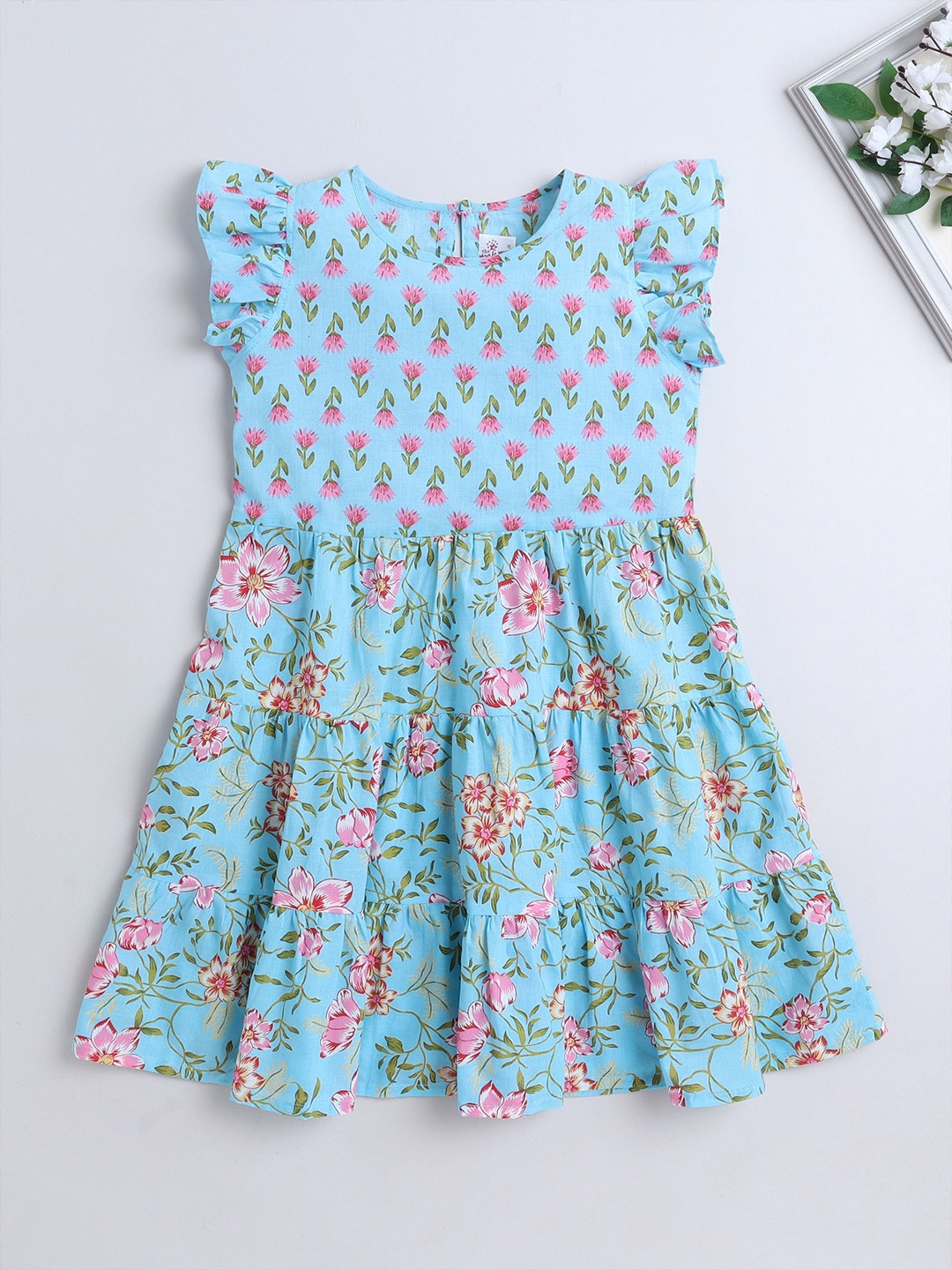 

The Magic Wand Girls Floral Print Flutter Sleeve Fit & Flare Dress, Blue