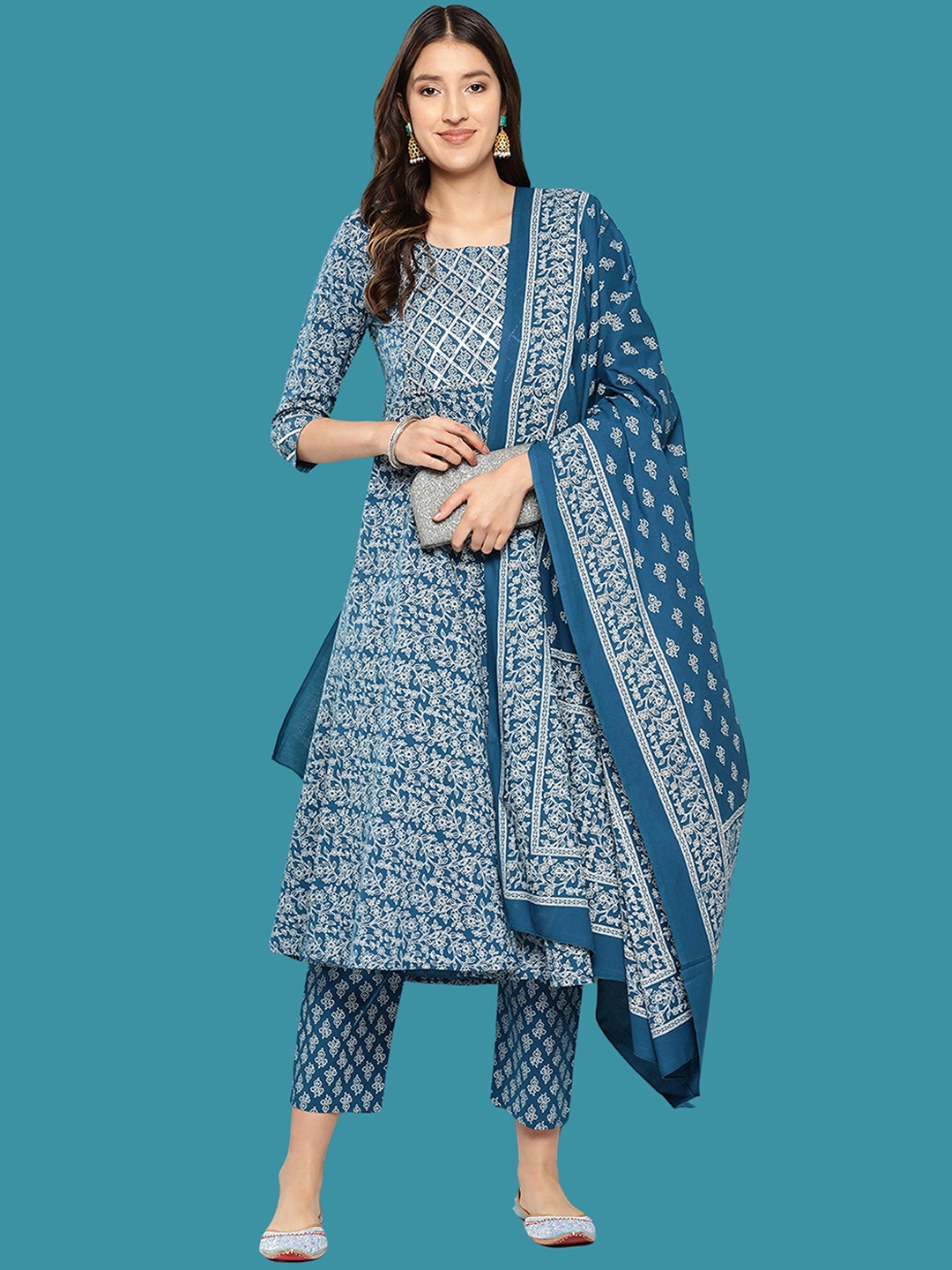 

KAZIA Floral Printed Regular Gotta Patti Kurta with Trousers & Dupatta, Blue