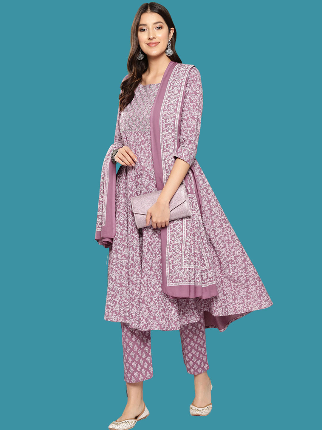 

KAZIA Floral Printed Regular Gotta Patti Kurta with Trousers & Dupatta, Purple