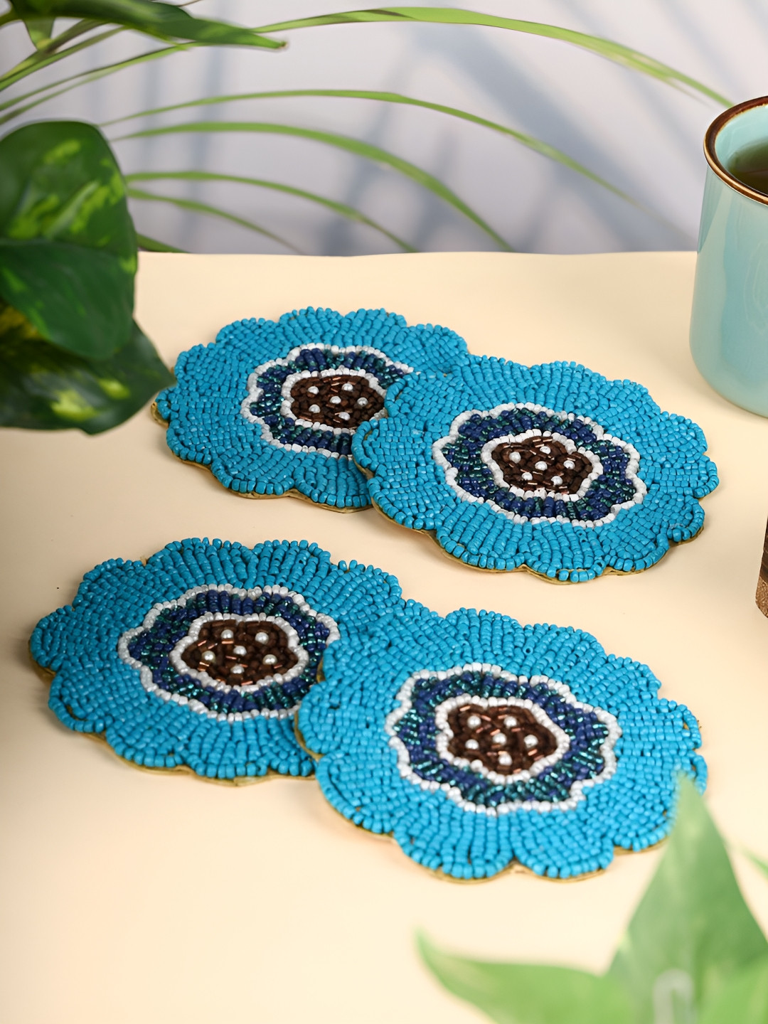 

ADITYA IMPEX 4-Pcs Cream Hand Made Beaded Agate Stone Coasters