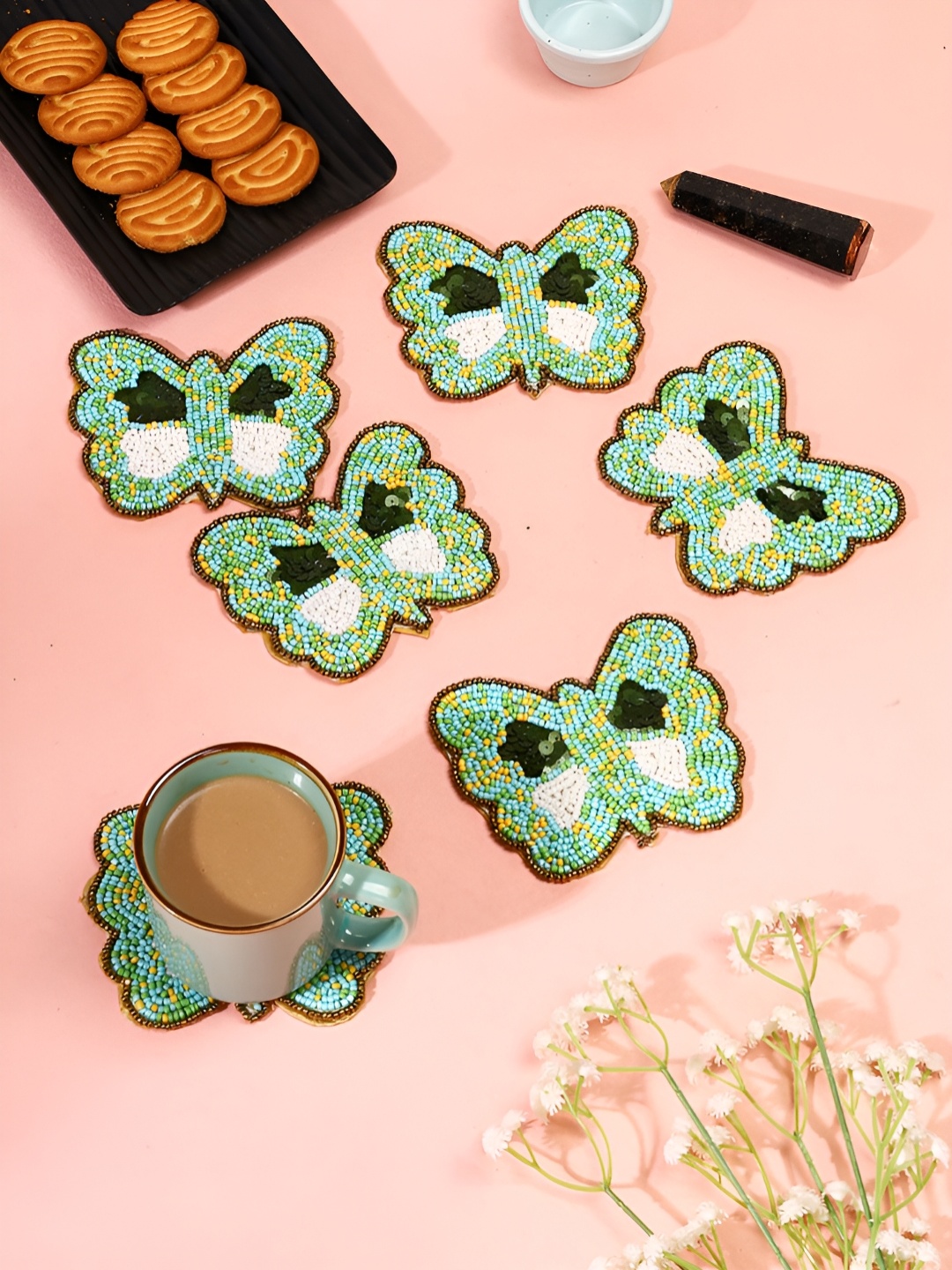 

Aditya Impex 6-Pcs Green & White Embellished Butterfly Coasters