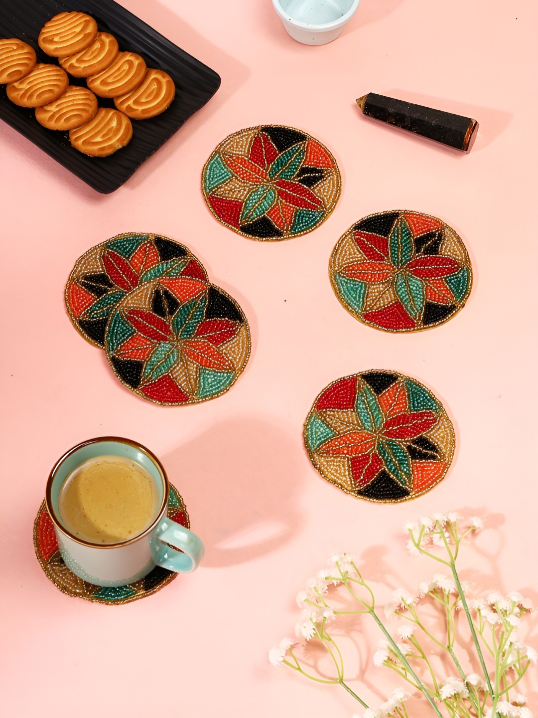 

ADITYA IMPEX 6-Pcs Cream Hand Made Beaded Agate Stone Coasters