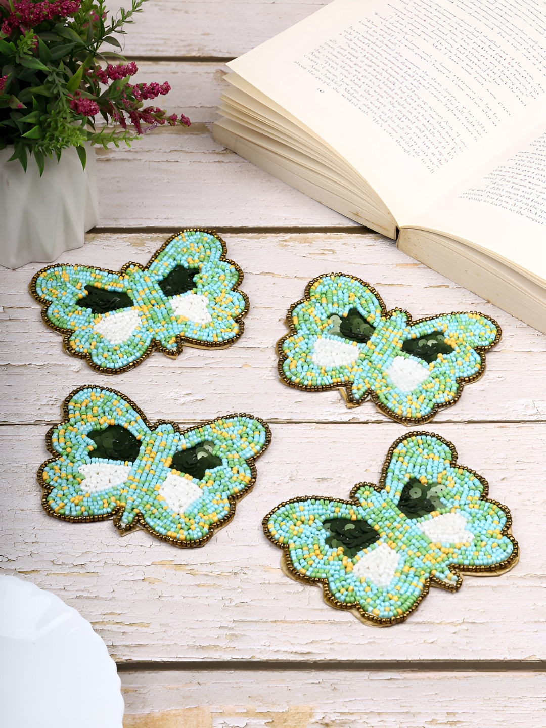 

Aditya Impex 4-Pcs Green & White Embellished Butterfly Coasters