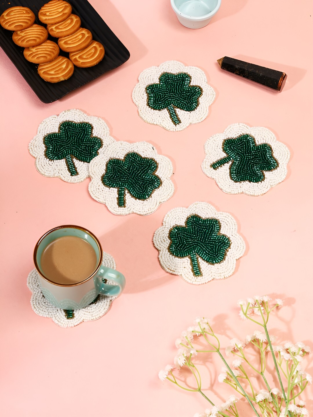 

Aditya Impex 6-Pcs White & Green Embellished Floral Coasters