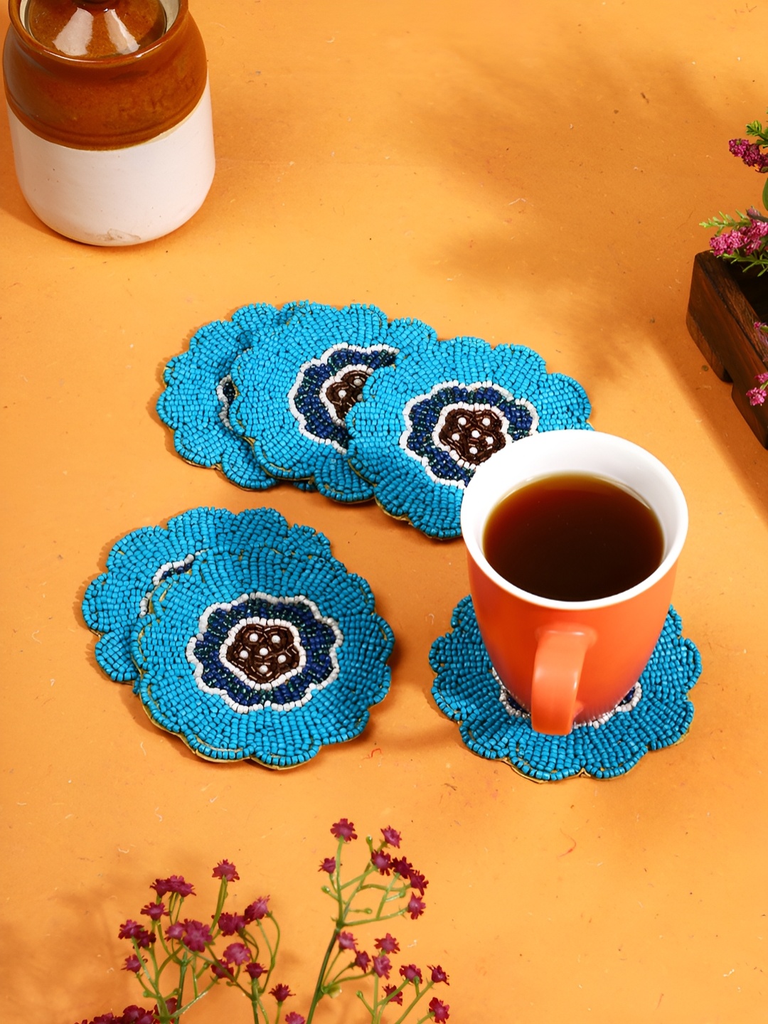 

Aditya Impex 6-Pcs Blue & White Embellished Floral Coasters