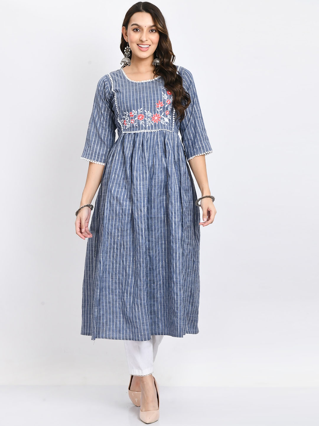 

AnjuShree Choice Striped Embroidered Flared Kurta, Blue