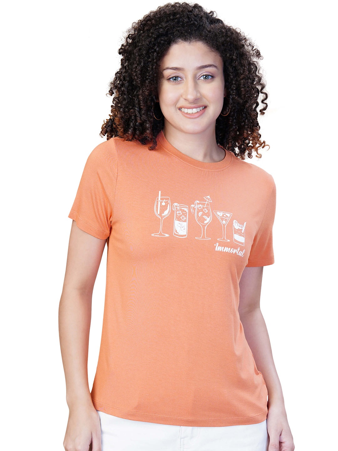 

One Sky Women Graphic Printed Round-Neck Viscose T-Shirt, Orange