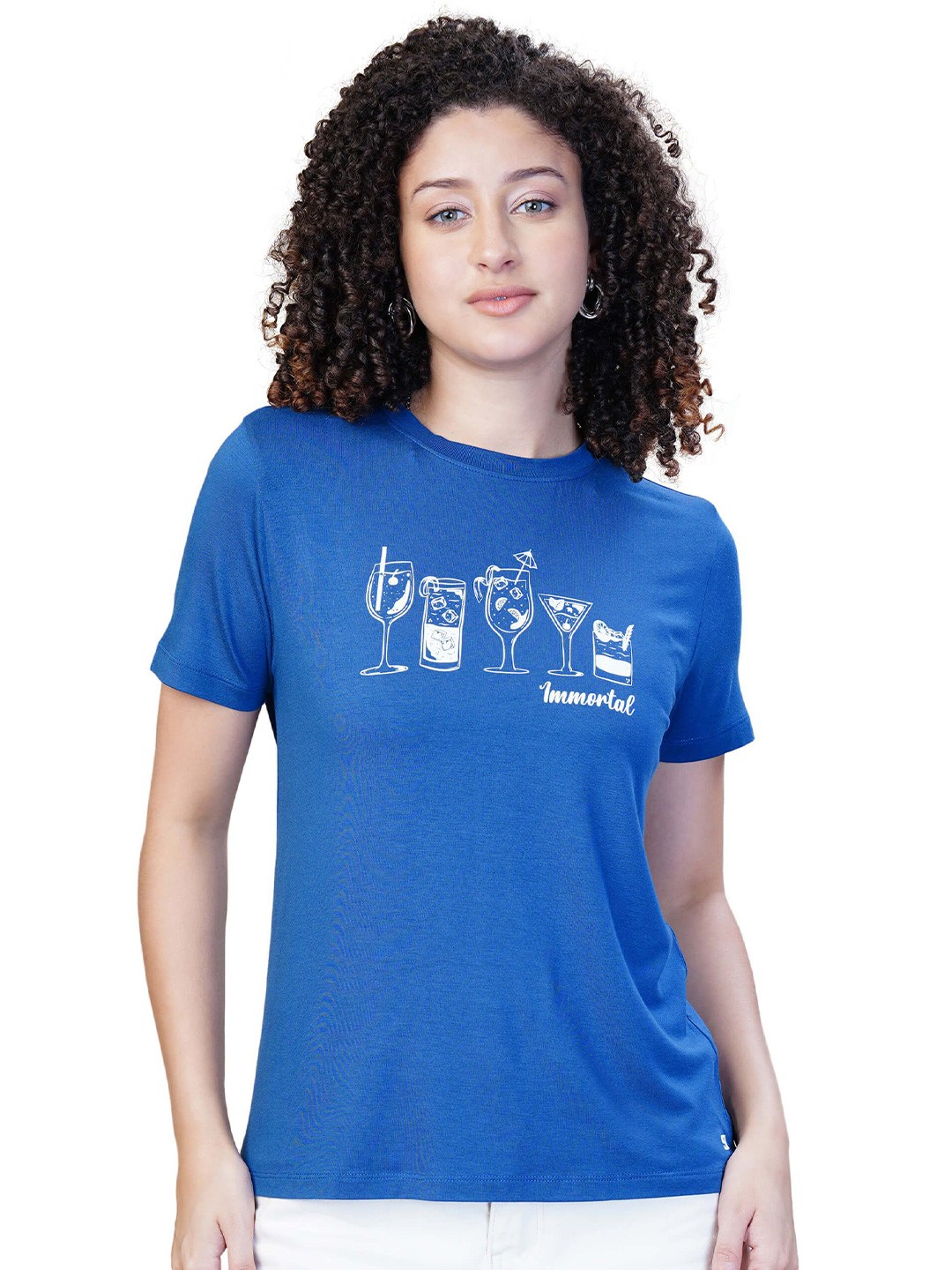 

One Sky Women Graphic Printed Round-Neck Viscose T-Shirt, Blue