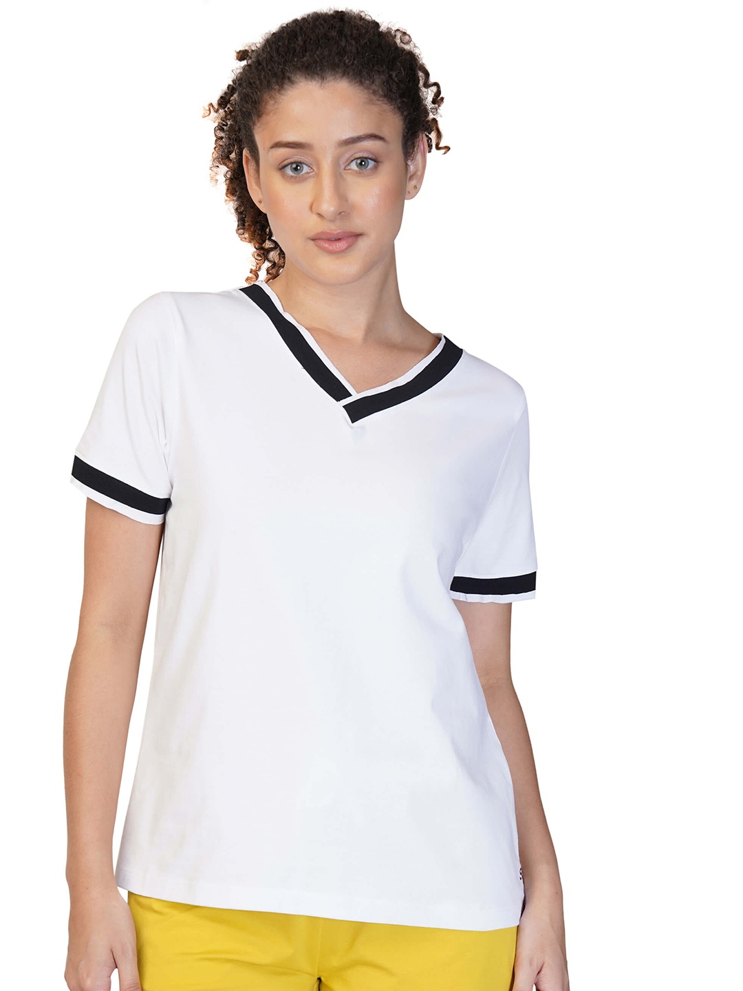 

ONE SKY Women Solid V-Neck T-shirt, White