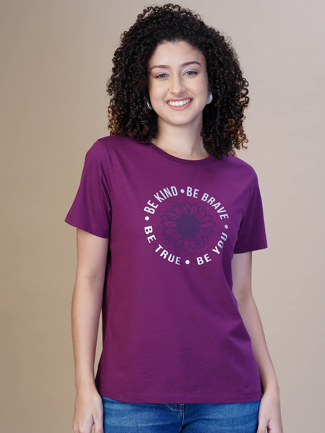 

One Sky Women Purple Typography Printed Round Neck Cotton T-Shirt