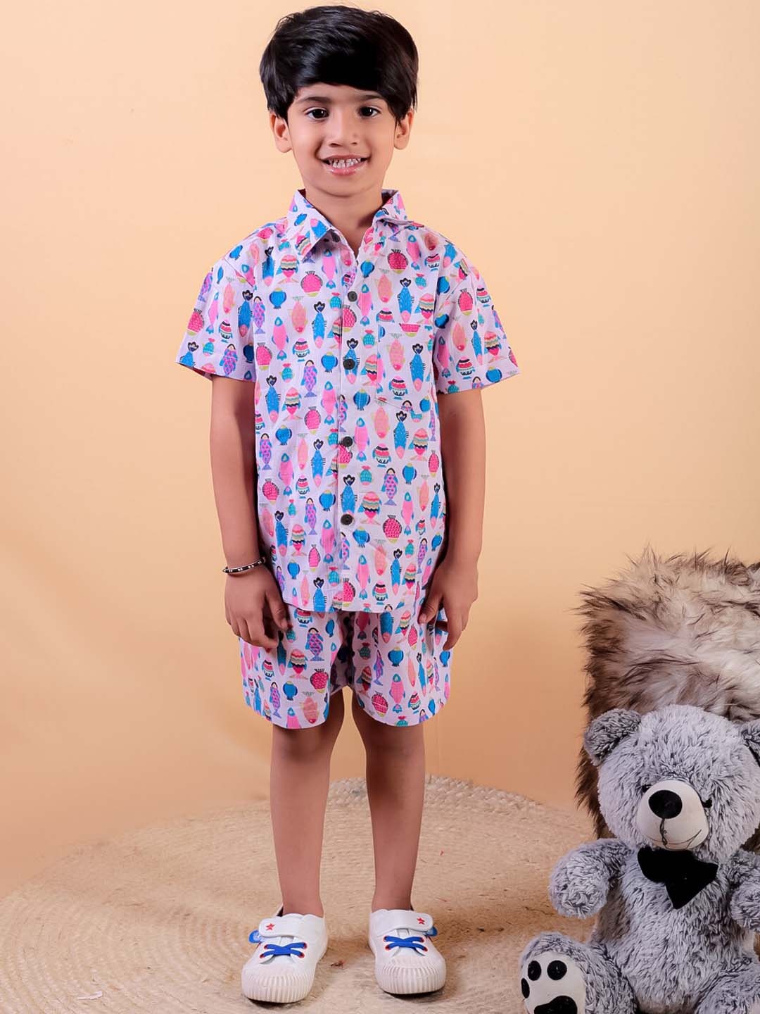

UNBIND Boys Printed Pure Cotton Shirt With Shorts, Pink