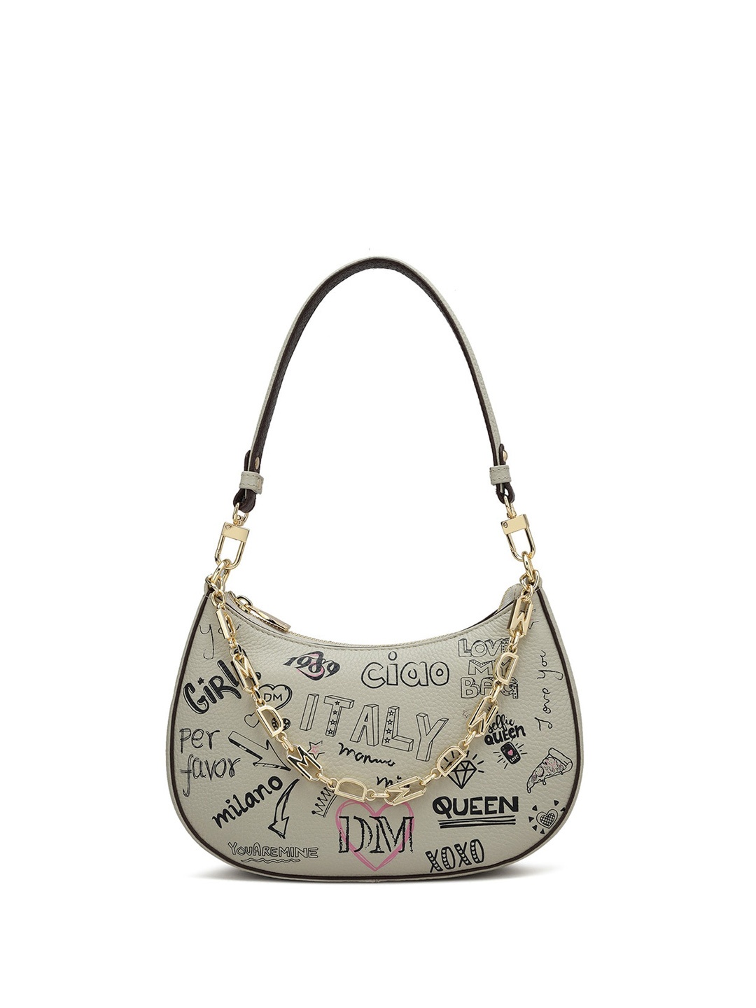 

Da Milano Women Printed Leather Half Moon Hobo Bag with Cut Work, Green