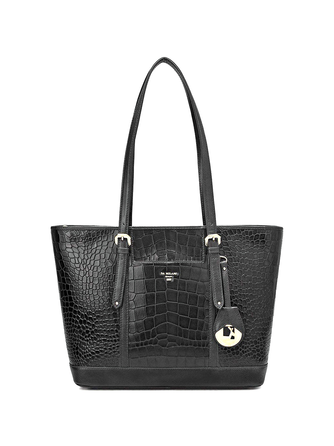 

Da Milano Animal Textured Leather Structured Shoulder Bag with Cut Work, Black