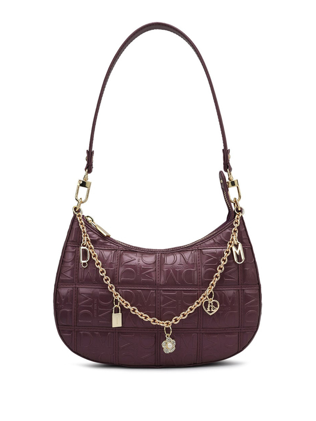 

Da Milano Women Solid Brand Logo Leather Half Moon Handheld Bag with Quilted, Purple