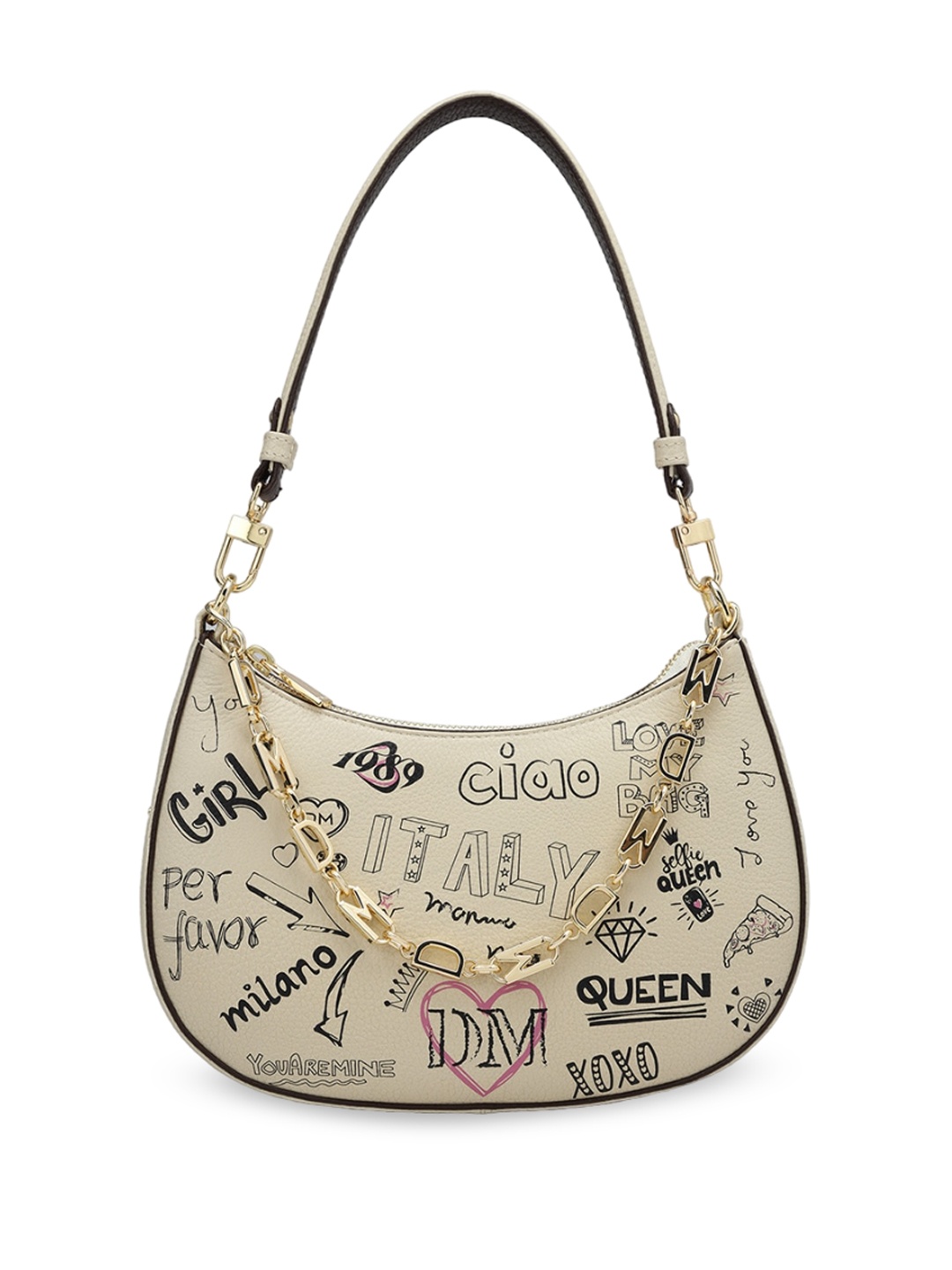 

Da Milano Women's Floral Leather Half Moon Hobo Bag with Cut Work, White