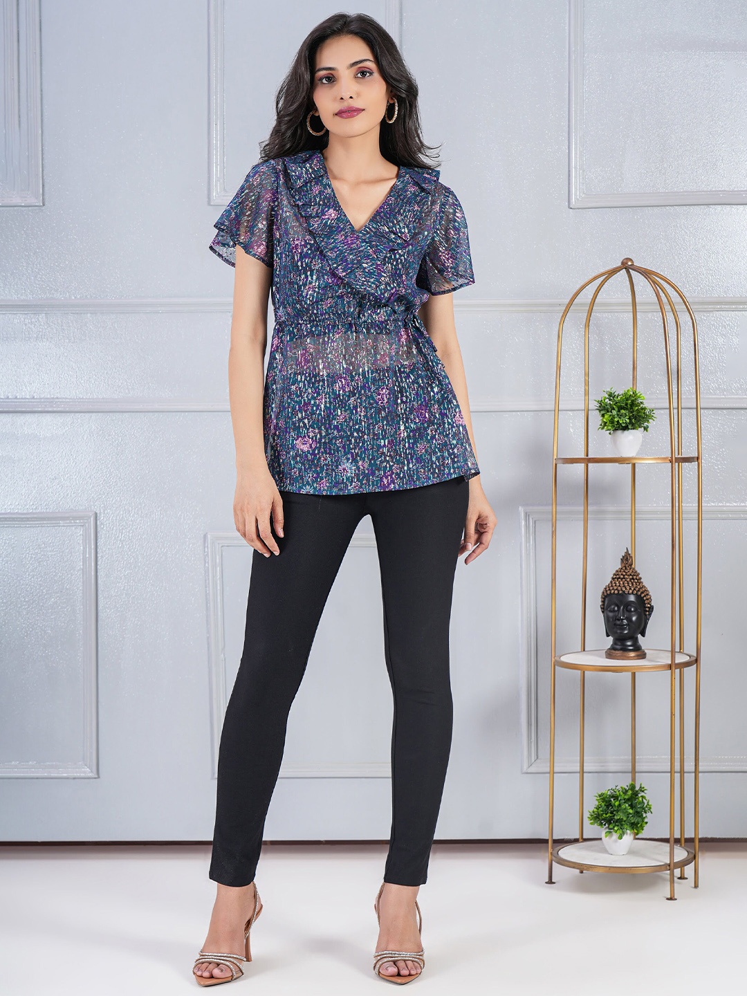 

DEBONATELLA Floral Print Flared Sleeve Georgette Wrap Top, Navy blue