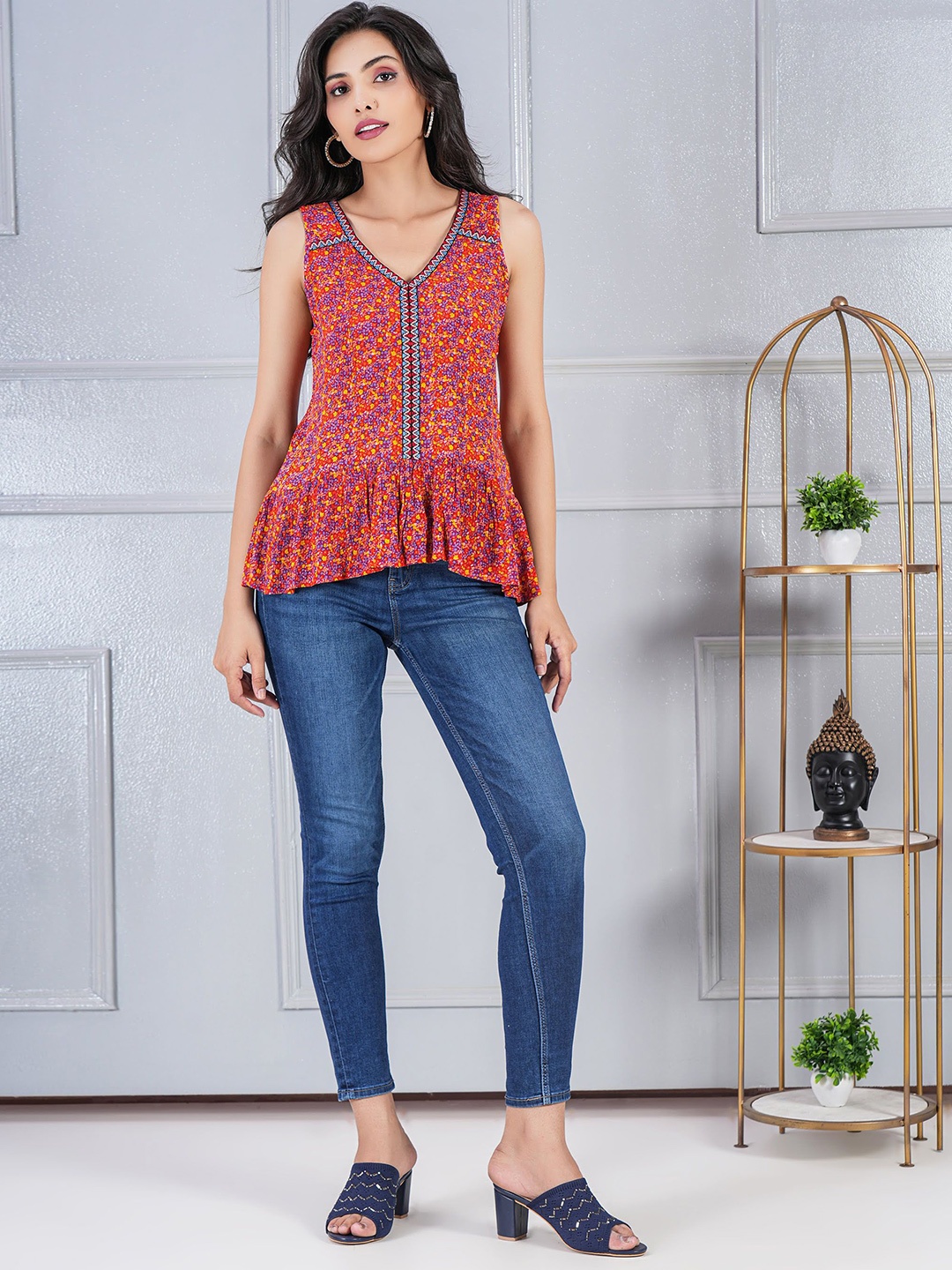 

DEBONATELLA FLoral Print Crepe High Low A-Line Top, Red