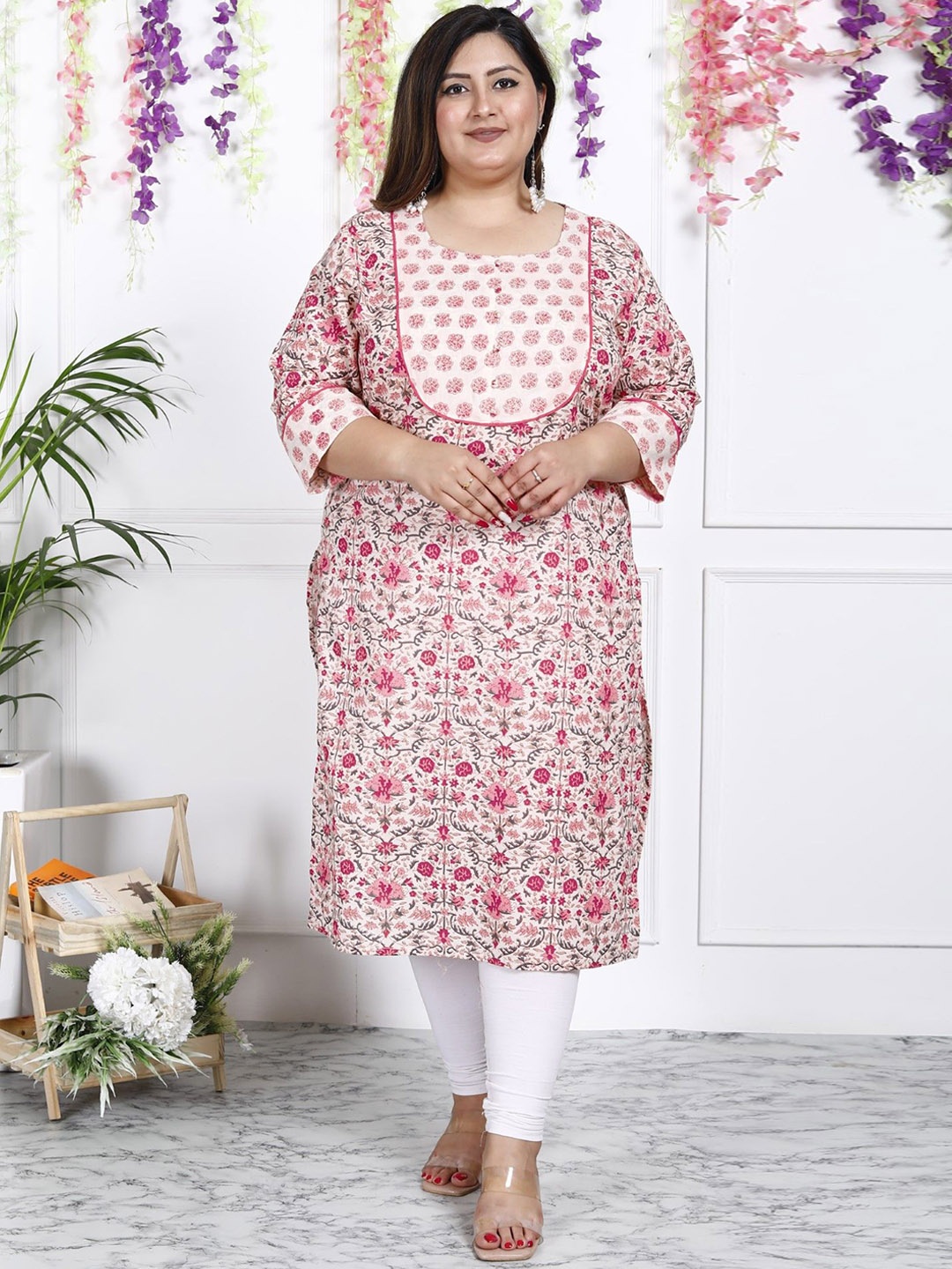 

KALINI Floral Printed Checked Straight Kurta, White