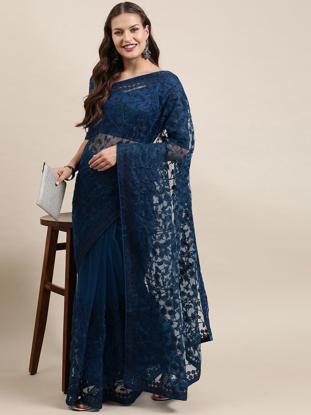 

NOISE Floral Embroidered Net Saree, Blue