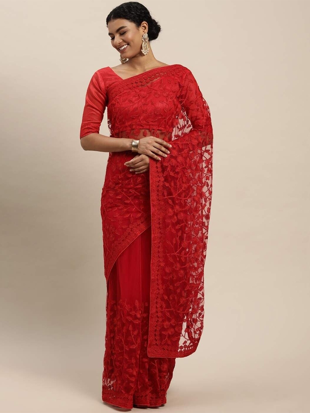 

NOISE Ethnic Motifs Embroidered Net Heavy Work Block Print Saree, Red