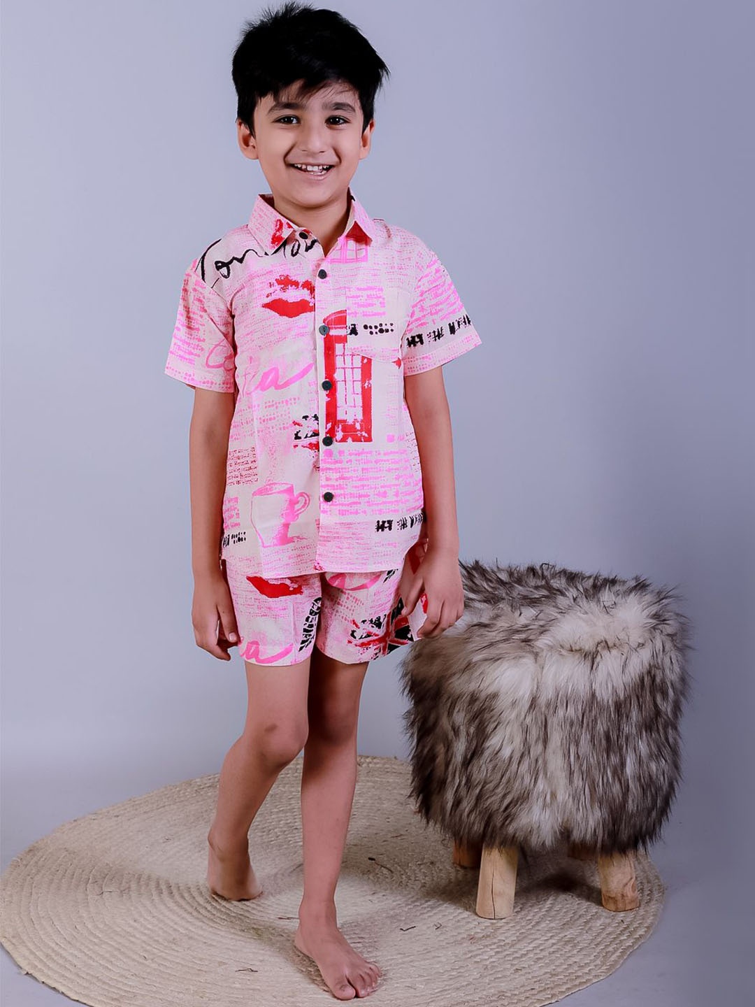 

UNBIND Boys Printed Cotton Shirt with Shorts, Pink