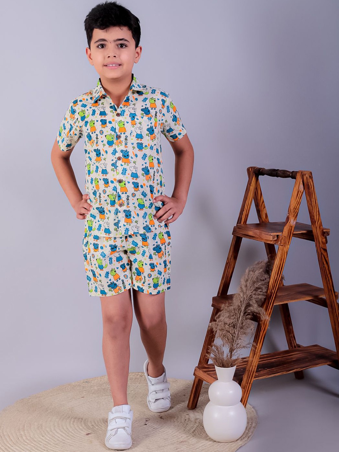 

UNBIND Printed Pure Cotton Shirt Collar Shirt With Shorts, Blue