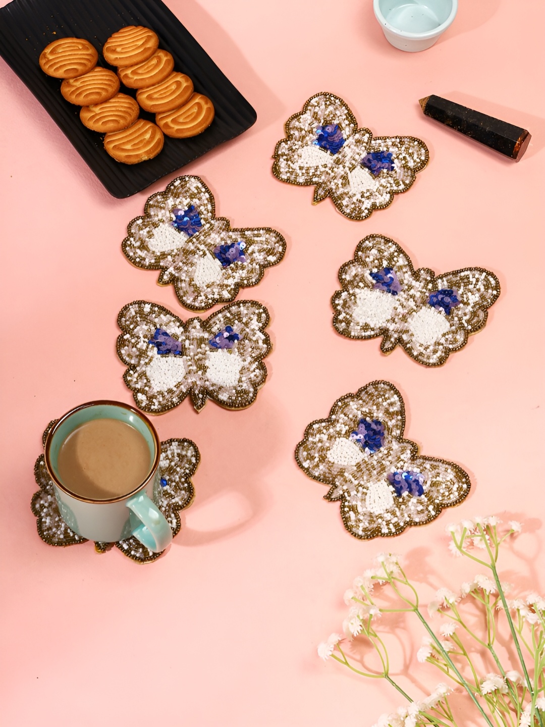 

AIVIK 6-Pcs Brown & White Embellished Butterfly Coasters