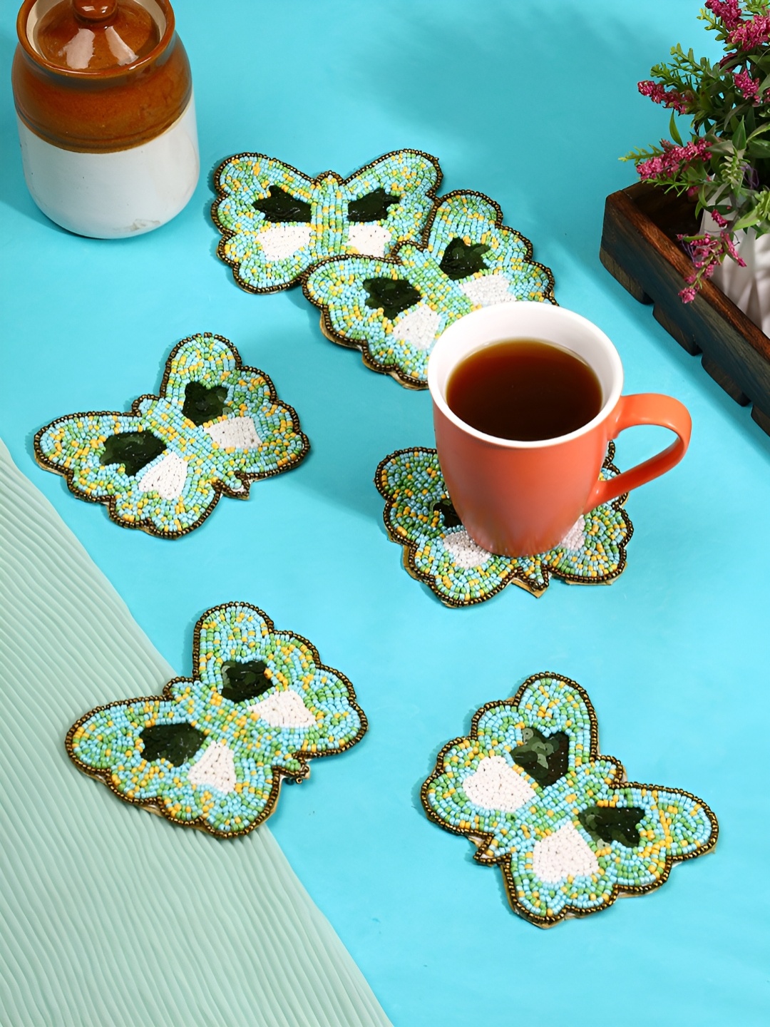 

AIVIK 6 Pcs Green & Brown Edge Embillished Beaded Coasters