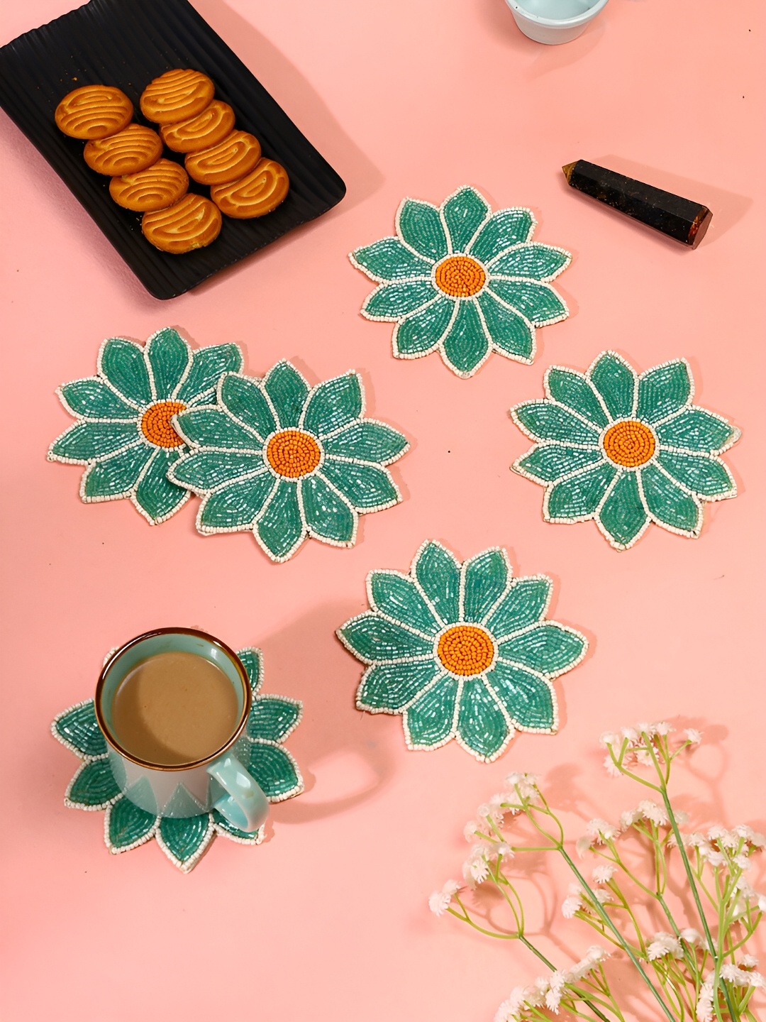 

AIVIK 6-Pcs Green & White Embellished Floral Coasters