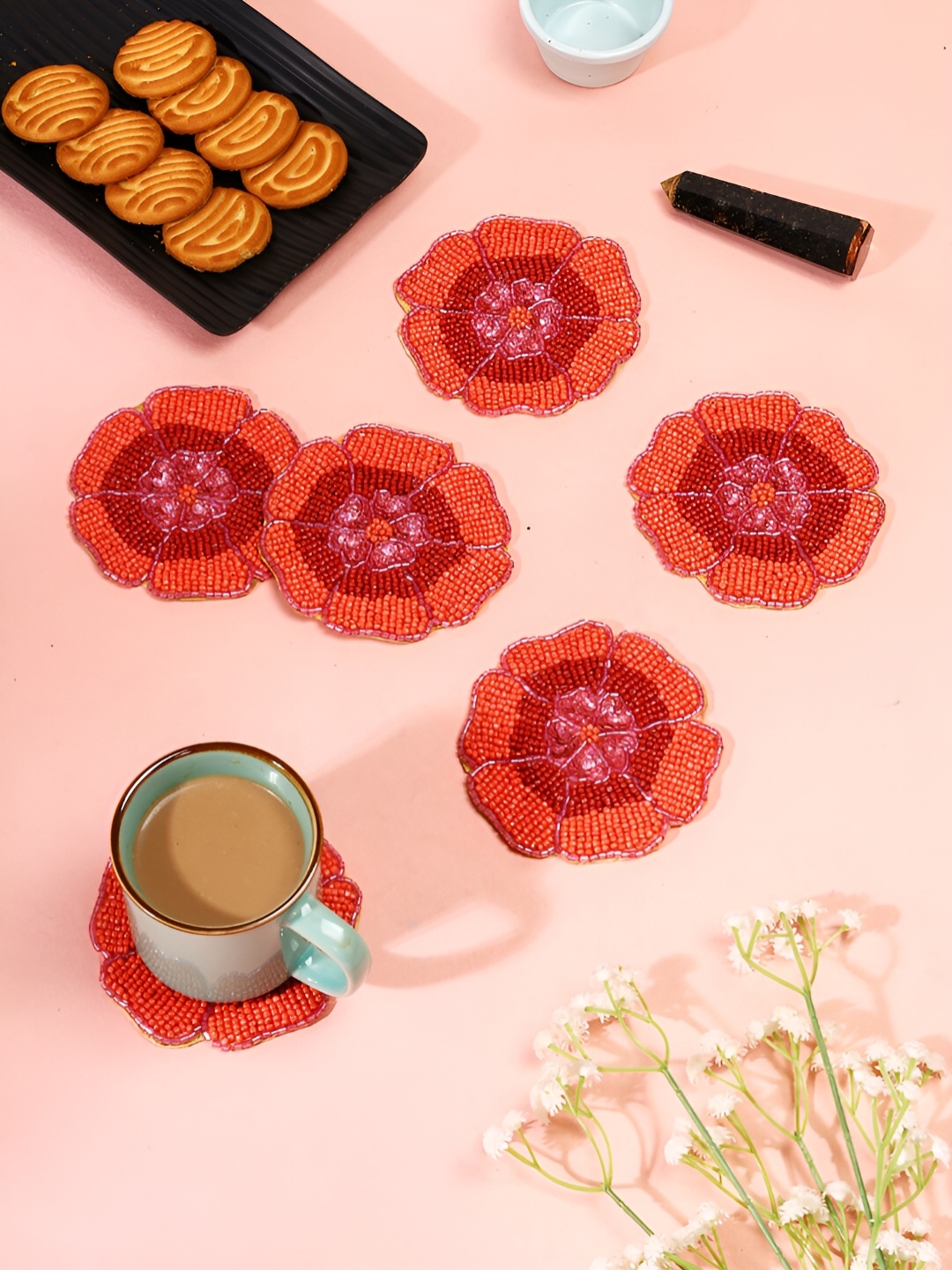 

AIVIK 6 Pcs Orange & Pink Edge Embillished Beaded Coasters