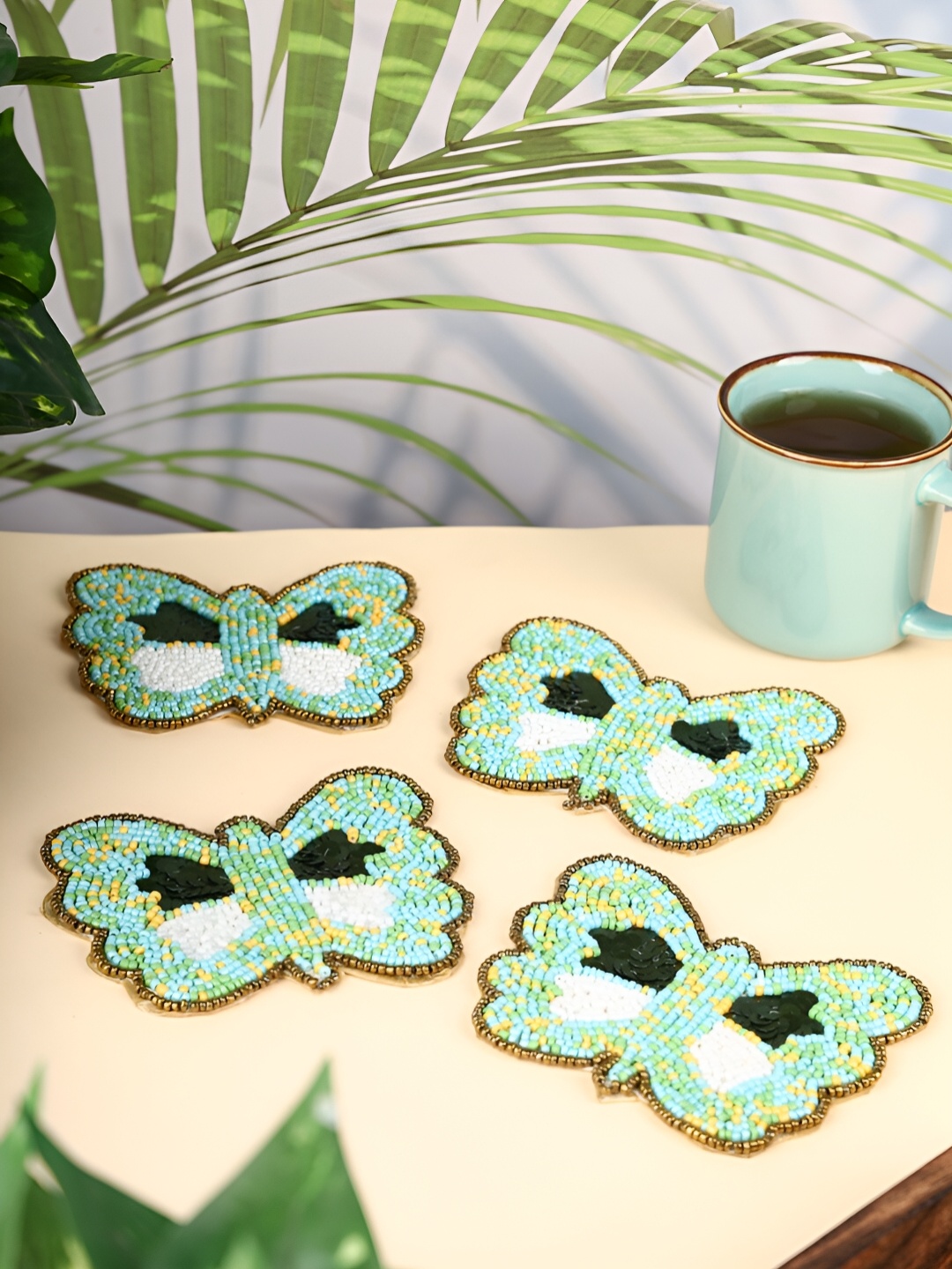 

AIVIK 4 Pcs Green & Brown Edge Embillished Beaded Coasters