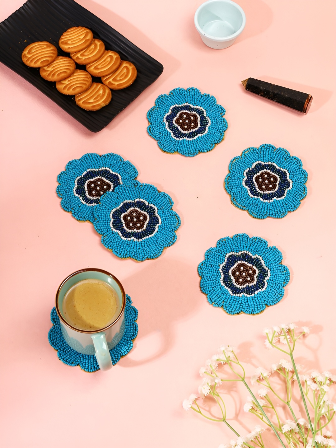 

AIVIK 6-Pcs Blue & Navy Blue Beaded Agate Stone Coasters