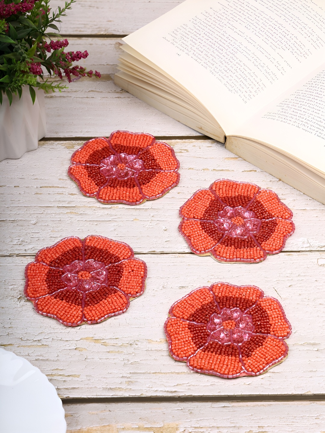 

AIVIK 4-Pcs Orange & Red Beaded Agate Stone Coasters