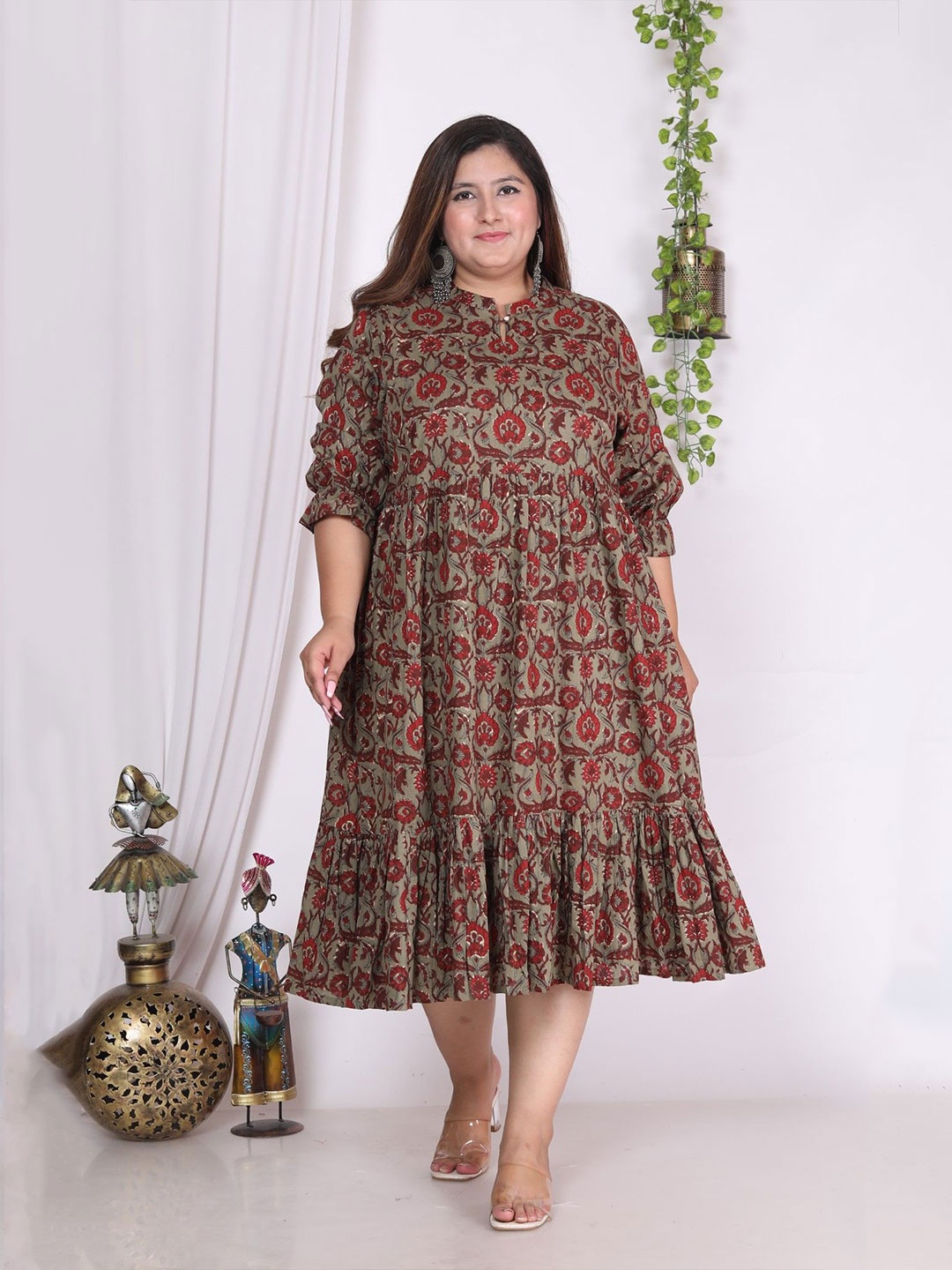 

KALINI Plus Size Floral Print Puff Sleeve Pure Cotton Fit & Flare Midi Dress, Rust