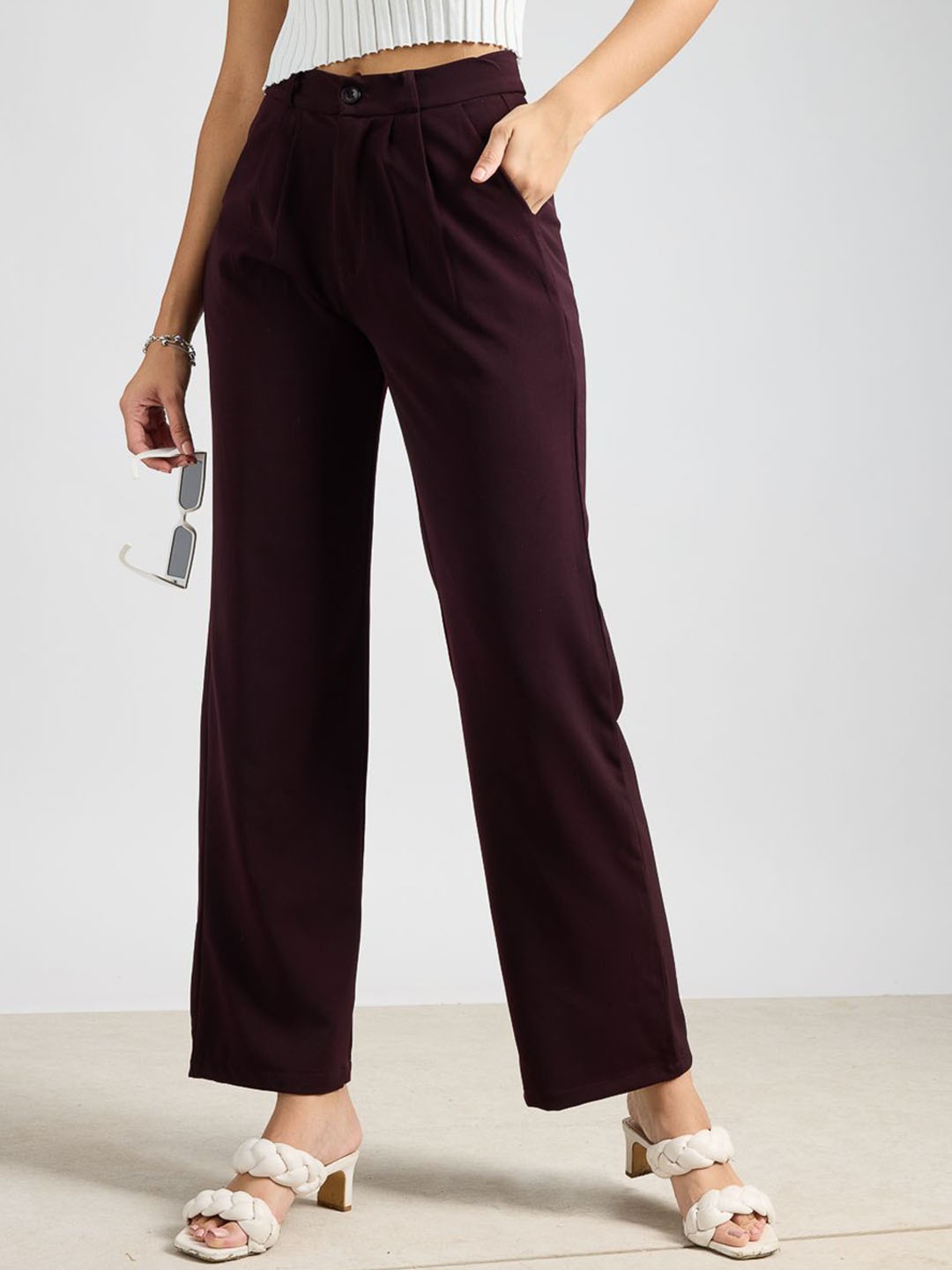 

FREAKINS Burgundy Pleated Straight Fit Korean Pant, Na