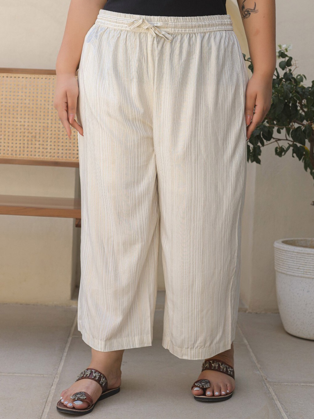 

Juniper Women Striped Flared Palazzos, Beige