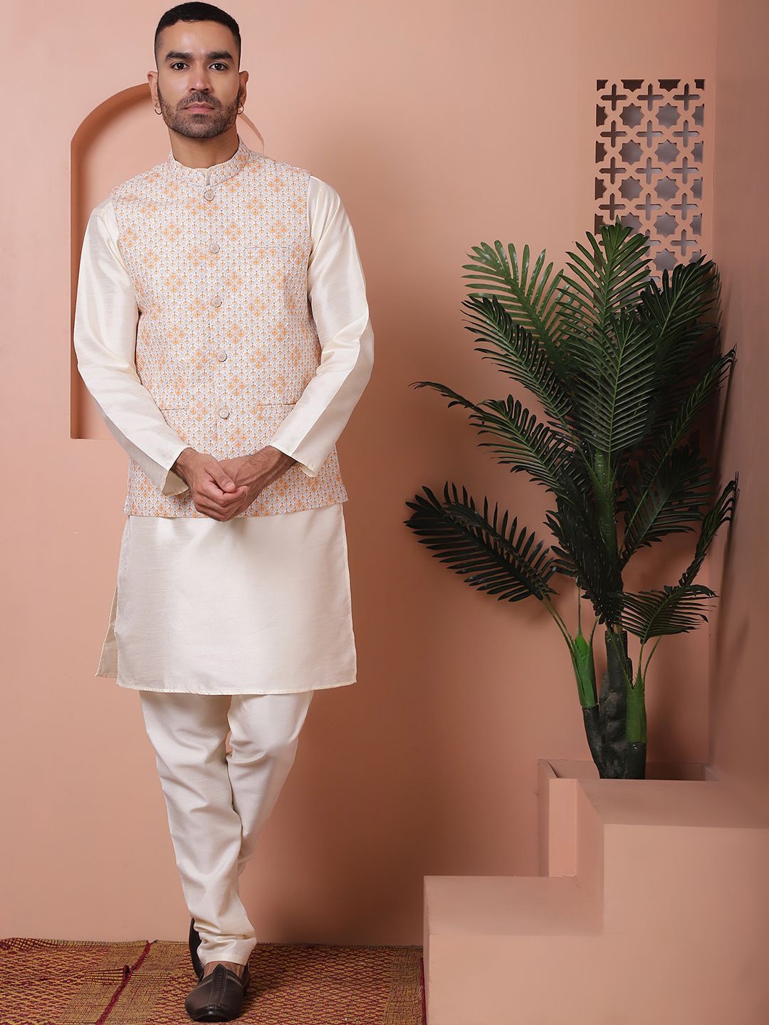 

Jompers Regular Kurta with Churidar With Nehru Jacket, Orange