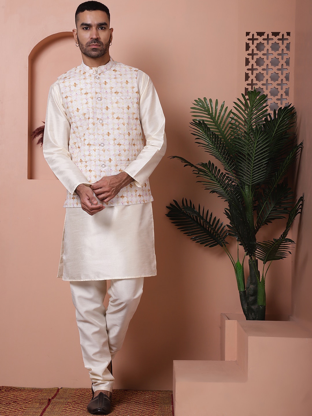 

Jompers Floral Printed Regular Mandarin Collar Kurta with Churidar With Nehru Jacket, Off white