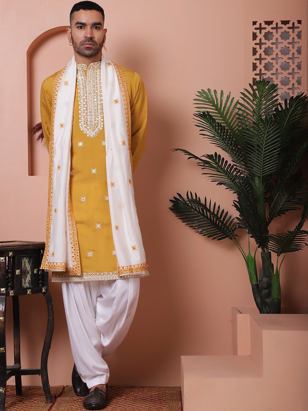 

Jompers Embroidered Mandarin Collar Long Sleeves Kurta with Salwar & Dupatta, Mustard