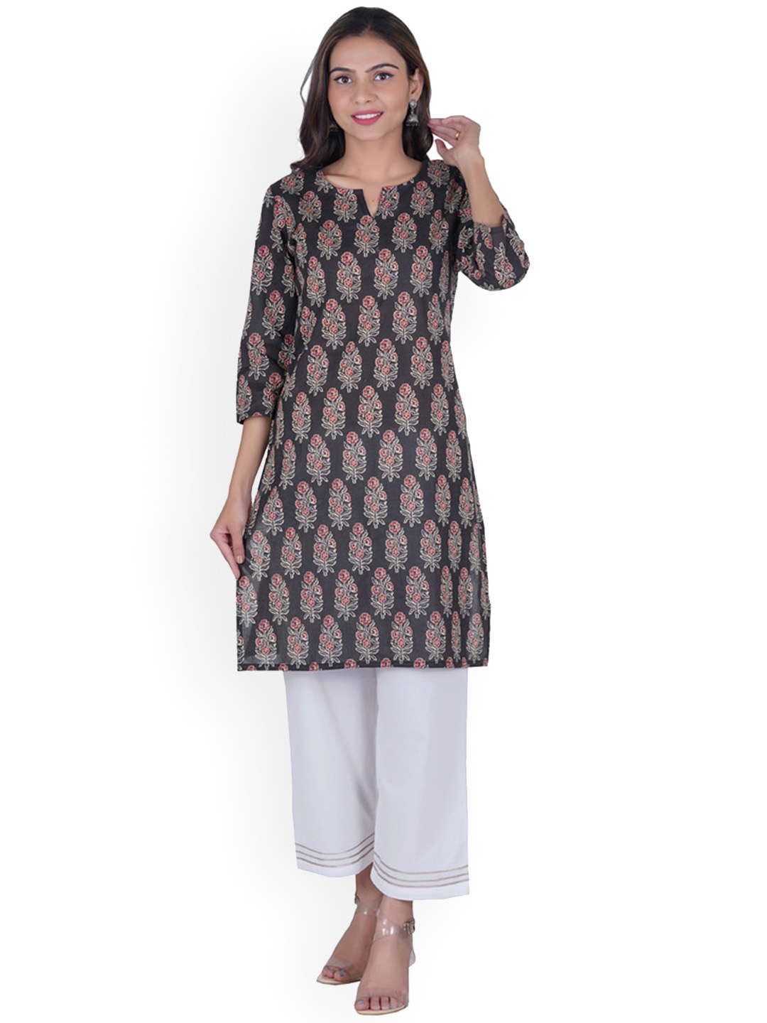 

BAESD Ethnic Motifs Printed Notch Neck Cotton Straight Kurta, Black